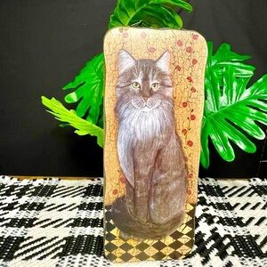 Vintage Anne English Cat Wall Hanging Folk Art Applied Print on Wood 12”x5”